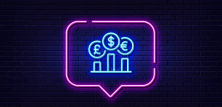 Illustration for Neon light speech bubble. Currency rates line icon. Money exchange sign. Stock trade symbol. Neon light background. Currency rate glow line. Brick wall banner. Vector - Royalty Free Image