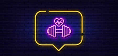 Illustration for Neon light speech bubble. Dumbbell with heartbeat line icon. Workout equipment sign. Cardio Gym fit symbol. Neon light background. Dumbbell glow line. Brick wall banner. Vector - Royalty Free Image