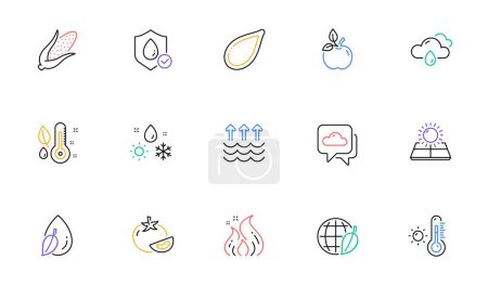 Illustration for Pumpkin seed, Thermometer and Sun energy line icons for website, printing. Collection of Weather thermometer, Water drop, Corn icons. Rainy weather, Waterproof, Eco food web elements. Vector - Royalty Free Image