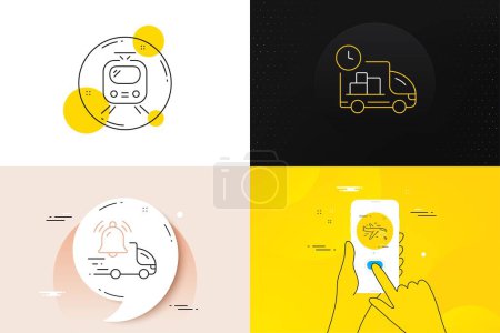 Illustration for Minimal set of Delivery, Train and Search flight line icons. Phone screen, Quote banners. Delivery notification icons. For web development. Fast service, Tram, Find travel. Reminder bell. Vector - Royalty Free Image