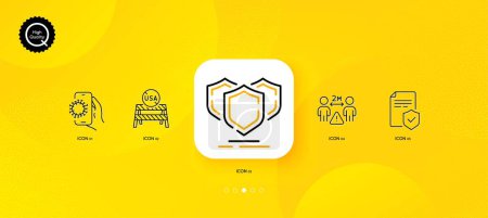 Illustration for Shields, Usa close borders and Insurance policy minimal line icons. Yellow abstract background. Covid app, Social distance icons. For web, application, printing. Vector - Royalty Free Image