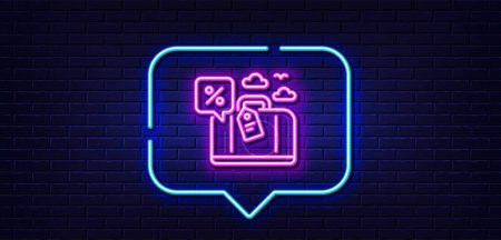 Illustration for Neon light speech bubble. Travel loan percent line icon. Trip discount sign. Credit percentage symbol. Neon light background. Travel loan glow line. Brick wall banner. Vector - Royalty Free Image