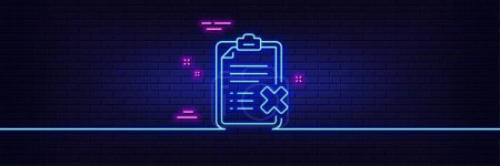 Illustration for Neon light glow effect. Reject checklist line icon. Decline document sign. Delete file. 3d line neon glow icon. Brick wall banner. Reject checklist outline. Vector - Royalty Free Image