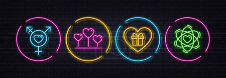 Illustration for Romantic gift, Genders and Love heart minimal line icons. Neon laser 3d lights. Atom icons. For web, application, printing. Surprise with love, Inclusion, Romantic feelings. Electron. Vector - Royalty Free Image