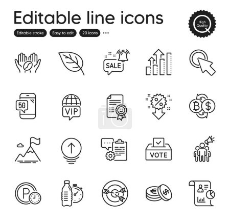 Illustration for Set of Business outline icons. Contains icons as 5g phone, Mountain flag and Swipe up elements. Clipboard, Bitcoin exchange, Parking time web signs. Smile, Leaf, Discount elements. Vector - Royalty Free Image