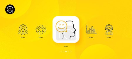 Illustration for Teamwork, Diagram graph and Support minimal line icons. Yellow abstract background. Star, Good mood icons. For web, application, printing. Workflow, Presentation chart, Call center. Vector - Royalty Free Image