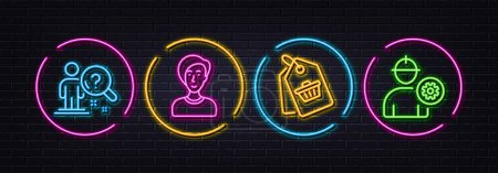 Illustration for Search employee, Sale tag and Businesswoman person minimal line icons. Neon laser 3d lights. Engineer icons. For web, application, printing. Questions for candidate, Shopping cart, Female user. Vector - Royalty Free Image