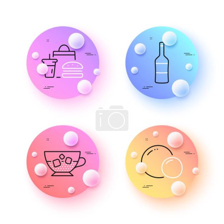 Illustration for Peas, Wine and Cold coffee minimal line icons. 3d spheres or balls buttons. Fast food icons. For web, application, printing. Vegetarian seed, Merlot bottle, Ice cubes in beverage. Meal order. Vector - Royalty Free Image