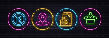 Illustration for Pin, No parking and Mobile inventory minimal line icons. Neon laser 3d lights. Get box icons. For web, application, printing. Map point, Car park, Warehouse app. Send package. Vector - Royalty Free Image