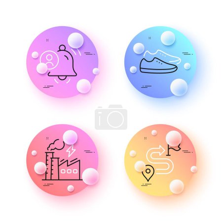 Illustration for Journey, User notification and Shoes minimal line icons. 3d spheres or balls buttons. Electricity factory icons. For web, application, printing. Vector - Royalty Free Image