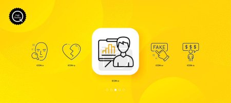 Illustration for Fake information, Presentation board and Broken heart minimal line icons. Yellow abstract background. Face search, Employee benefits icons. For web, application, printing. Vector - Royalty Free Image