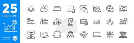 Illustration for Outline icons set. Update time, Laptop and Sound check icons. Marketing strategy, Inclusion, Account web elements. Work home, Video conference, Salary signs. Chemistry lab, Certificate. Vector - Royalty Free Image
