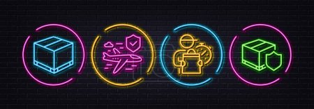 Illustration for Delivery man, Delivery box and Flight insurance minimal line icons. Neon laser 3d lights. For web, application, printing. Express courier, Cargo package, Full coverage. Parcel protection. Vector - Royalty Free Image