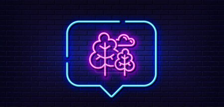 Illustration for Neon light speech bubble. Tree line icon. Forest plants sign. Nature symbol. Neon light background. Tree glow line. Brick wall banner. Vector - Royalty Free Image