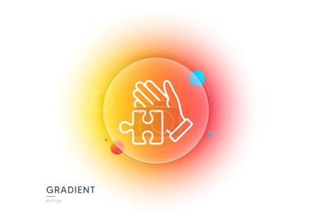Illustration for Puzzle line icon. Gradient blur button with glassmorphism. Hand with Jigsaw piece sign. Business challenge symbol. Transparent glass design. Puzzle line icon. Vector - Royalty Free Image