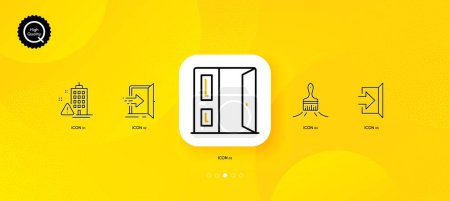 Illustration for Brush, Open door and Exit minimal line icons. Yellow abstract background. Entrance, Building warning icons. For web, application, printing. Art brush, Entrance, Escape. Open door. Vector - Royalty Free Image