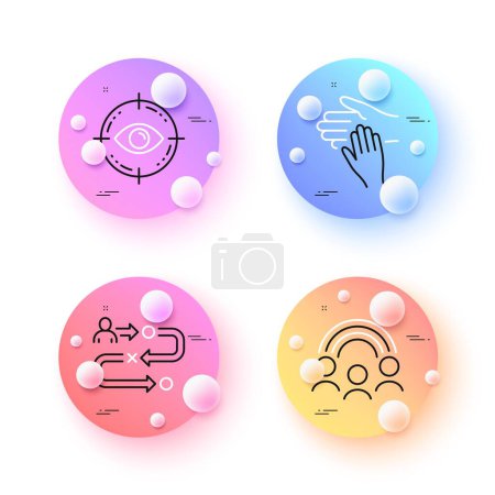 Illustration for Inclusion, Journey path and Volunteer minimal line icons. 3d spheres or balls buttons. Eye target icons. For web, application, printing. Equity rainbow, Project process, Social care. Optometry. Vector - Royalty Free Image