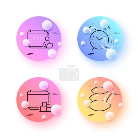 Illustration for Pillow, Delivery and Accounting minimal line icons. 3d spheres or balls buttons. Alarm icons. For web, application, printing. Sleep cushion, Cargo schedule, Schedule report. Night clock. Vector - Royalty Free Image