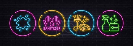 Illustration for Vacuum cleaner, Dirty spot and Hand sanitizer minimal line icons. Neon laser 3d lights. Cleanser spray icons. For web, application, printing. Vacuum-clean, Laundry service, Hygiene care. Vector - Royalty Free Image