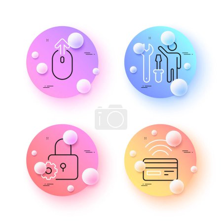 Illustration for Repairman, Contactless payment and Swipe up minimal line icons. 3d spheres or balls buttons. Lock icons. For web, application, printing. Repair screwdriver, Credit card, Scrolling page. Vector - Royalty Free Image