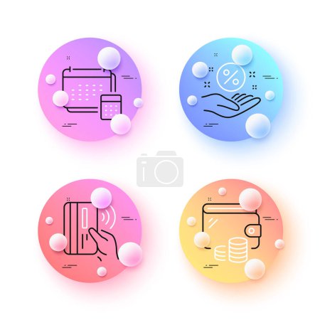 Illustration for Wallet, Contactless payment and Loan percent minimal line icons. 3d spheres or balls buttons. Account icons. For web, application, printing. Money budget, Bank money, Discount hand. Vector - Royalty Free Image