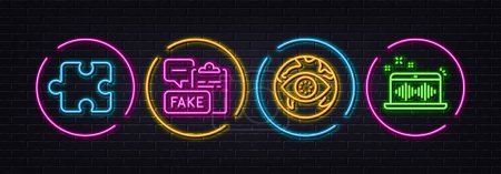 Illustration for Fake document, Puzzle and Cyber attack minimal line icons. Neon laser 3d lights. Music making icons. For web, application, printing. Wrong truth, Puzzle piece, Web phishing. Dj app. Vector - Royalty Free Image