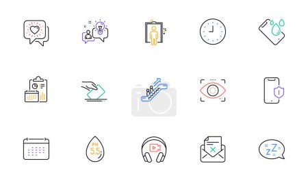 Illustration for Ph neutral, Smartphone protection and Idea line icons for website, printing. Collection of Voting ballot, Friends chat, Headphones icons. Sleep, Eye detect, Clock web elements. Escalator. Vector - Royalty Free Image