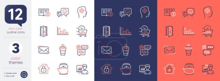 Illustration for Set of Teapot, Open door and Facts line icons. Include Takeaway, Recruitment, Histogram icons. Biometric security, Presentation, Lock web elements. Smile, Food delivery, Messenger mail. Vector - Royalty Free Image