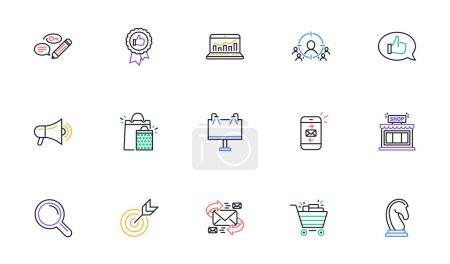 Illustration for Marketing, research line icons. Strategy, Feedback and Advertising agency. Business strategy linear icon set. Bicolor outline web elements. Vector - Royalty Free Image