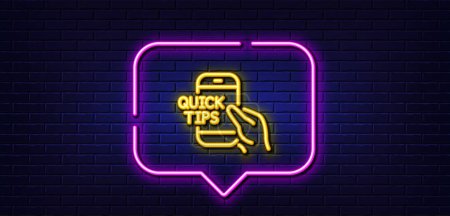 Illustration for Neon light speech bubble. Quick tips on phone line icon. Helpful tricks sign. Internet tutorials symbol. Neon light background. Education glow line. Brick wall banner. Vector - Royalty Free Image