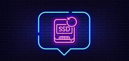 Illustration for Neon light speech bubble. Recovery ssd line icon. Backup data sign. Restore information symbol. Neon light background. Recovery ssd glow line. Brick wall banner. Vector - Royalty Free Image