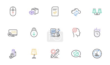 Illustration for Scroll down, Cloud share and Engineering line icons for website, printing. Collection of Packing boxes, Swipe up, Project edit icons. Fast delivery, Checked file, Food delivery web elements. Vector - Royalty Free Image