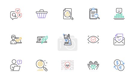 Illustration for Search statistics, Approved mail and Copyright laptop line icons for website, printing. Collection of Biometric eye, Search document, Hold box icons. Success business, Online question. Vector - Royalty Free Image