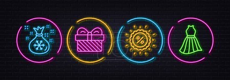 Illustration for Gift, Santa sack and Discount minimal line icons. Neon laser 3d lights. Dress icons. For web, application, printing. Present, Gifts bag, Sale. Female skirt. Neon lights buttons. Gift glow line. Vector - Royalty Free Image