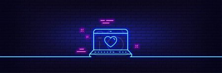 Illustration for Neon light glow effect. Love dating line icon. Heart in Notebook sign. Valentines day symbol. 3d line neon glow icon. Brick wall banner. Web love outline. Vector - Royalty Free Image