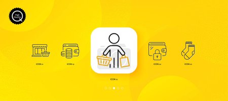 Illustration for Marketplace, Wallet money and Wallet minimal line icons. Yellow abstract background. Buyer, Socks icons. For web, application, printing. Shopping store, Coins, Locked money purse. Vector - Royalty Free Image