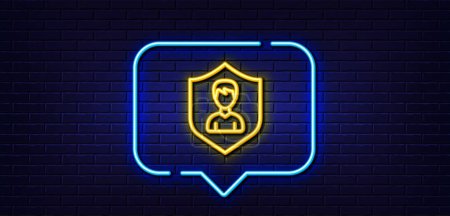 Illustration for Neon light speech bubble. User Protection line icon. Profile Avatar with shield sign. Male Person silhouette symbol. Neon light background. Security Agency glow line. Brick wall banner. Vector - Royalty Free Image