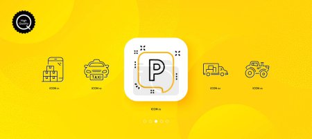 Illustration for Tractor, Mobile inventory and Parking minimal line icons. Yellow abstract background. Truck transport, Taxi icons. For web, application, printing. Farm transport, Warehouse app, Auto park. Vector - Royalty Free Image