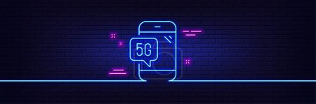 Illustration for Neon light glow effect. 5g technology phone line icon. Wifi wireless network sign. Mobile data transmission symbol. 3d line neon glow icon. Brick wall banner. 5g phone outline. Vector - Royalty Free Image