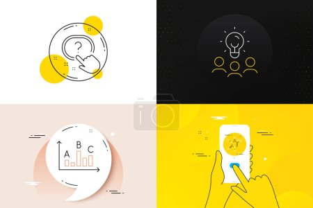 Illustration for Minimal set of Question button, Chemical formula and Survey results line icons. Phone screen, Quote banners. Business idea icons. For web development. Quiz, Chemistry, Best answer. Vector - Royalty Free Image