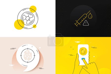 Illustration for Minimal set of Vaccine attention, Fingerprint and Air fan line icons. Phone screen, Quote banners. Document attachment icons. For web development. Vector - Royalty Free Image