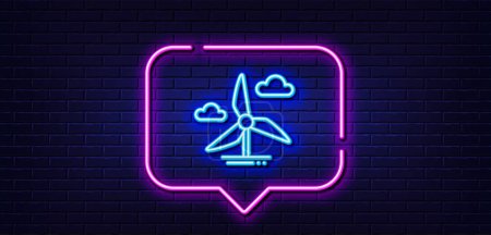 Illustration for Neon light speech bubble. Windmill turbine line icon. Wind power energy sign. Alternative supply symbol. Neon light background. Windmill turbine glow line. Brick wall banner. Vector - Royalty Free Image