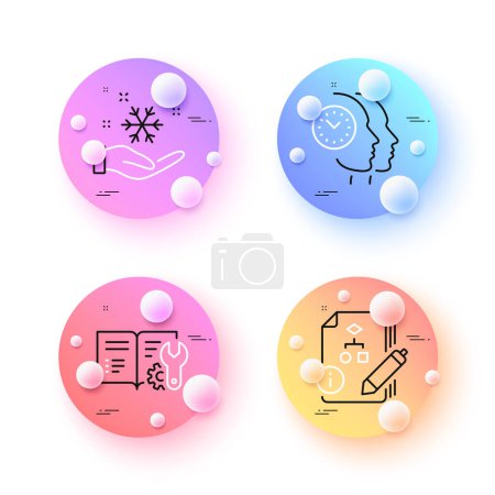 Illustration for Freezing, Engineering documentation and Time management minimal line icons. 3d spheres or balls buttons. Algorithm icons. For web, application, printing. Vector - Royalty Free Image