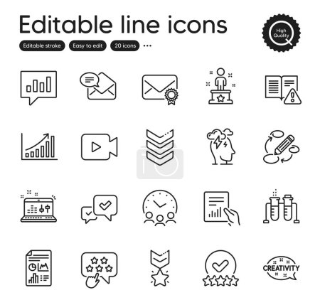 Illustration for Set of Education outline icons. Contains icons as Keywords, Rating stars and Meeting time elements. Success, Document, Approve web signs. Winner medal, Graph chart, Verified mail elements. Vector - Royalty Free Image