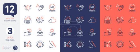 Illustration for Set of Care, Use gloves and Coronavirus line icons. Include Nasal test, Washing hands, Difficult stress icons. Rubber gloves, No vaccine, Cancel flight web elements. Medical mask. Vector - Royalty Free Image