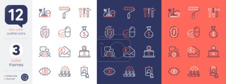 Illustration for Set of Medical drugs, Spanner tool and Paint roller line icons. Include Euro money, Teamwork, Security agency icons. Inspect, Household service, Fingerprint web elements. Money bag. Vector - Royalty Free Image