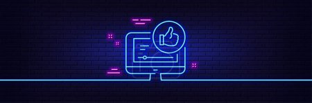 Illustration for Neon light glow effect. Like video line icon. Thumbs up sign. Positive feedback, social media symbol. 3d line neon glow icon. Brick wall banner. Like video outline. Vector - Royalty Free Image