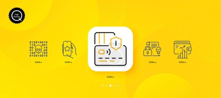 Illustration for Wallet, Card and Security contract minimal line icons. Yellow abstract background. Favorite app, Binary code icons. For web, application, printing. Money account, Bank payment, Private lock. Vector - Royalty Free Image