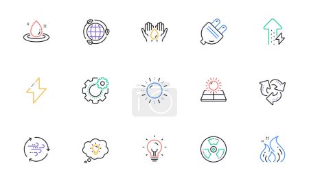 Illustration for Energy line icons. Solar panels, wind energy and electric thunder bolt. Fire flame, hazard, green ecology icons. Linear set. Bicolor outline web elements. Vector - Royalty Free Image