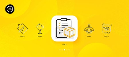 Illustration for Ice cream, Parcel checklist and Cutting board minimal line icons. Yellow abstract background. Quick tips, Court judge icons. For web, application, printing. Vector - Royalty Free Image